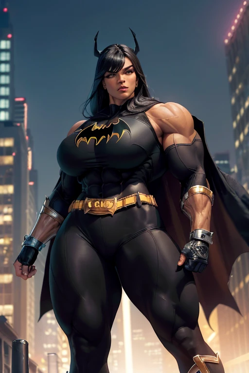 ((((Massive, tall, beautiful, buff, brown skinned muscular woman with black hair, ginormous bulky muscles and wearing a black Batgirl suit with a cape and black tight pants)))), (close view), vascular body, massive muscles, massive biceps, hyper muscle triceps, (long straight hair), orange eyes, black gloves, spiked gauntlets, high heels boots, city, at night, smirk, hyper muscles arms, hyper muscle legs, massively buff arms.