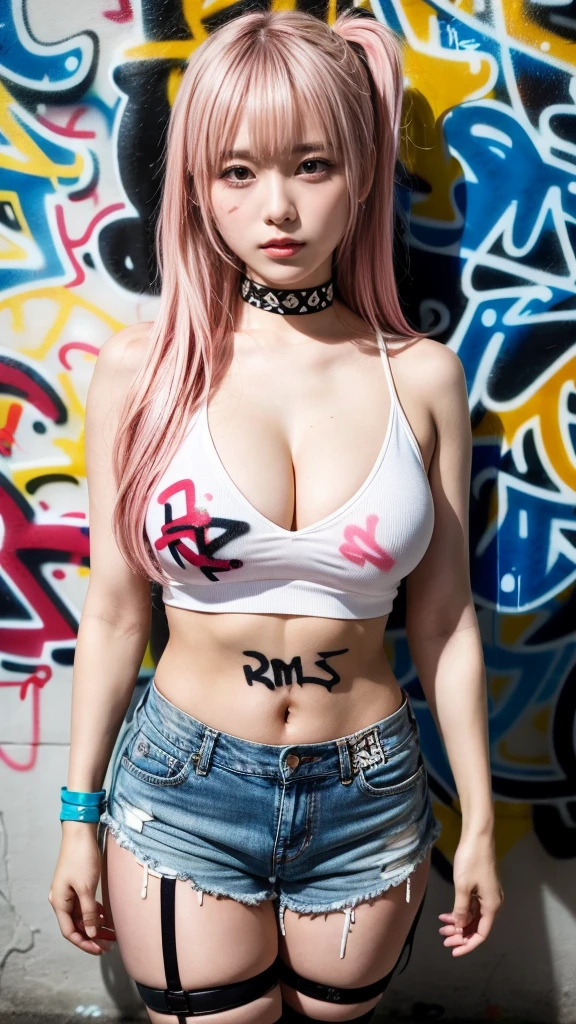 ((NSFW:0.9)),tall,(8k, highest quality, masterpiece:1,2), (Realistic, Photorealistic:1.37), Very detailed, One Girl,), (Very detailed), (Fine and beautiful eyes), (highest qualityの), (Very detailed ), (masterpiece), (Detailed face),20-year-old, ,1 girl, whole body, Pink Hair, Big Breasts，Dressed, Excited face, Mischievous face,Perfect lighting, Crop top, Denim shorts, choker, (graffiti:1.5), Paint splashes, Put your arms behind your back, Against the wall, Looking at the audience, Armband, Thigh straps, body paint, Tilt your head, boredom, Colorful Hair,Porcelain-like skin, (whole bodyショット, Centered),