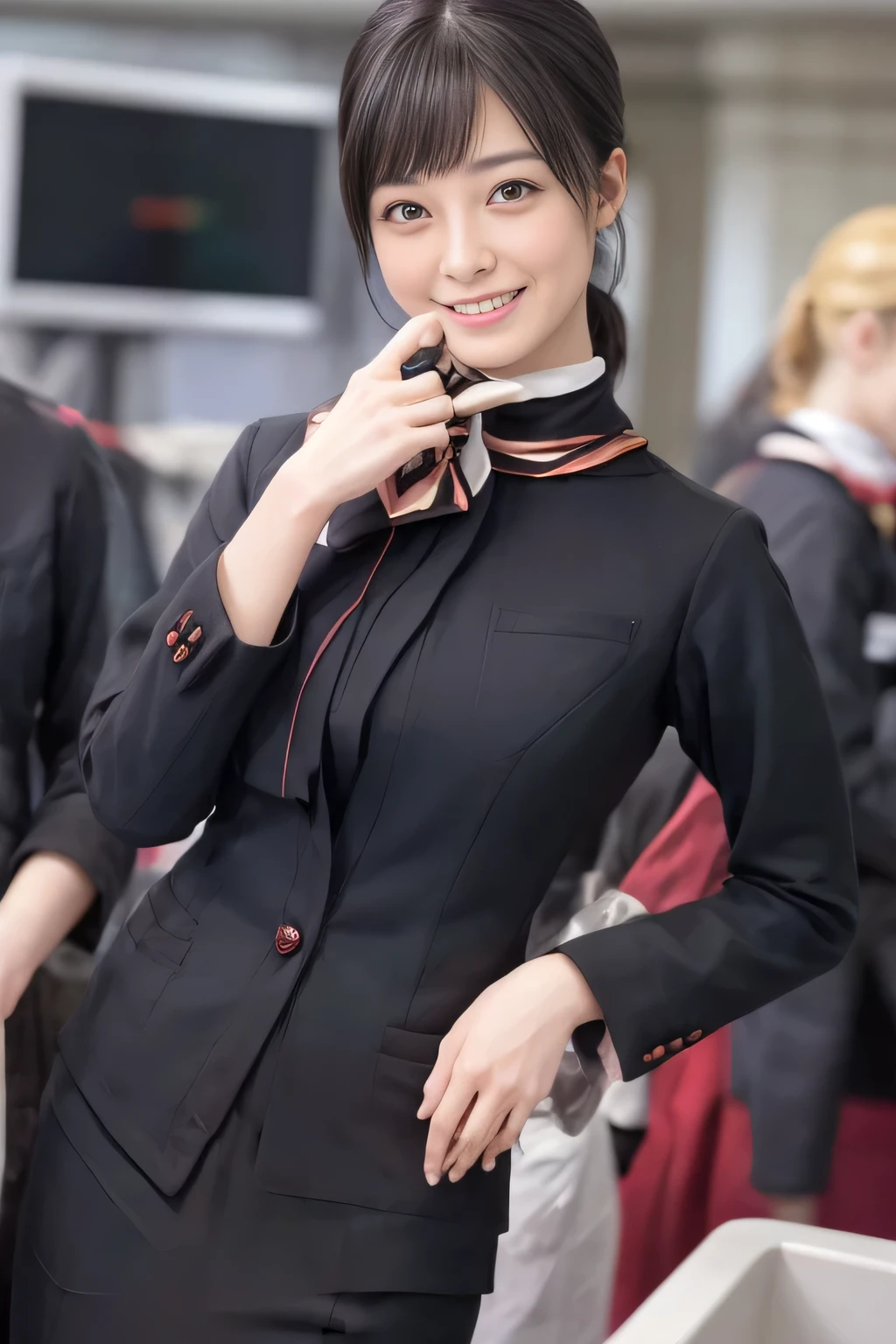 (masterpiece:1.2、highest quality:1.2)、32K HDR、High resolution、(alone、1 girl、Slim figure)、（A realistic style wearing the JAL cabincrew uniform）、 (At the airport counter, Professional Lighting)、A proper woman, Beautiful Face,、（Black JAL cabincrew uniform）、（Long sleeve JAL cabin crew uniform）、（Scarf around the neck）、Big Breasts、（Long hair updo、Chignon）、Dark brown hair、Long Shot、（（Fine hand：2.0））、（（Harmonious body proportions：1.5））、（（Normal limbs：2.0））、（（Normal finger：2.0））、（（Delicate eyes：2.0））、（（Normal eyes：2.0））)、Beautiful standing posture、smile