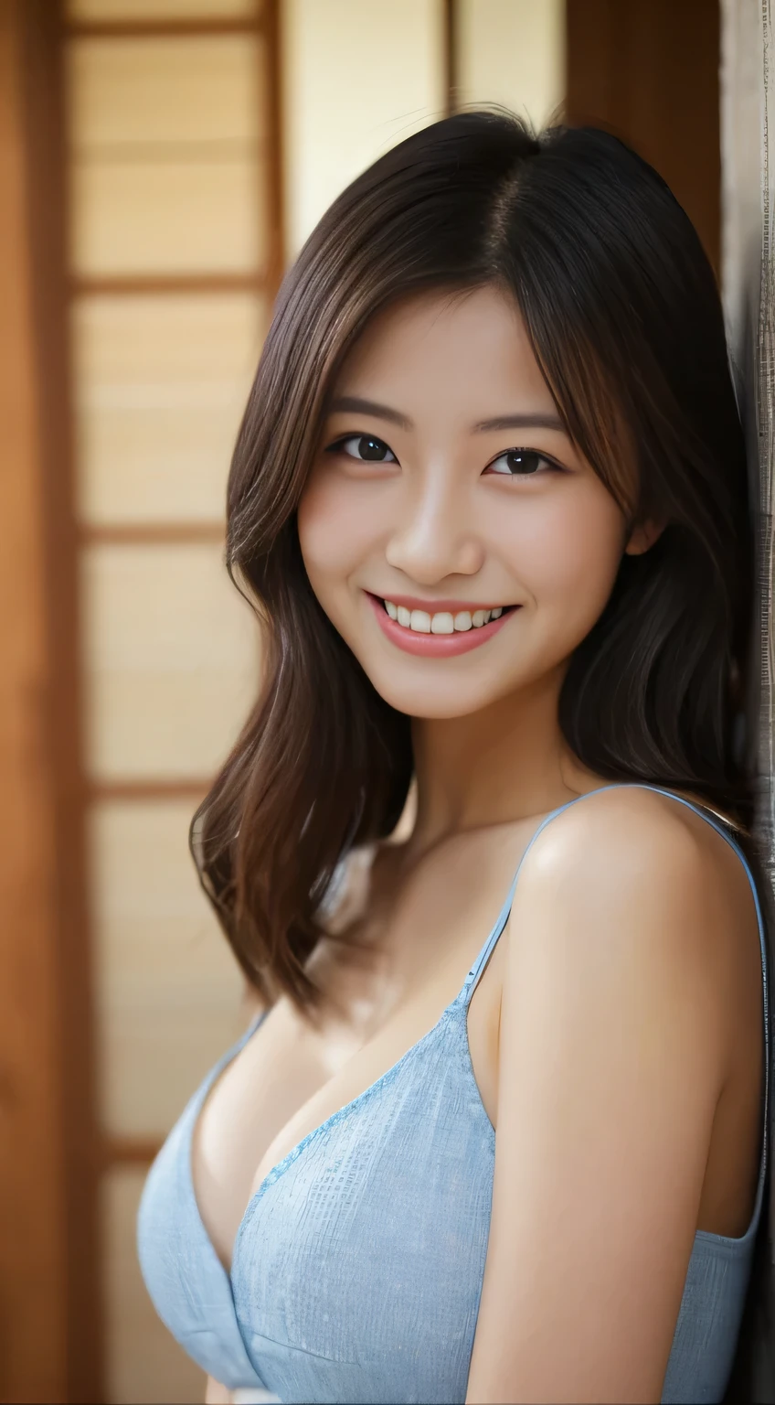 masterpiece,best quality,(Japanese ),((Beautiful girl)),cleavage,indoor,(perfect body beauty:1.2),(shy smile),beautiful teeth,