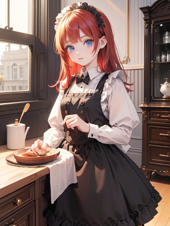 (8k, highest quality, Tabletop:1.2)、Gothic art、Two maid women, Black maid outfit, (***************, Detailed face, blue eyes, Blonde), (****************, Detailed face, Red eyes, Red hair), Classical Western-style building, kitchen, Cooking