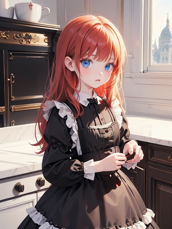 (8k, highest quality, Tabletop:1.2)、Gothic art、Two maid women, Black maid outfit, (***************, Detailed face, blue eyes, Blonde), (****************, Detailed face, Red eyes, Red hair), Classical Western-style building, kitchen, Cooking