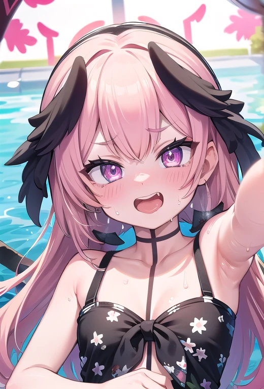 masterpiece,16k,8k,Delicate expression,highest quality,high resolution,High resolution,Sweat,1girl,look at viewer,evil smile,sweat stains,fish eye lens,close up face,summer,front face,from above,(pov:1.4),fisheye lens,upper body,show your oral,open mouth,long tongue out,show off armpits,sleeveless,pool