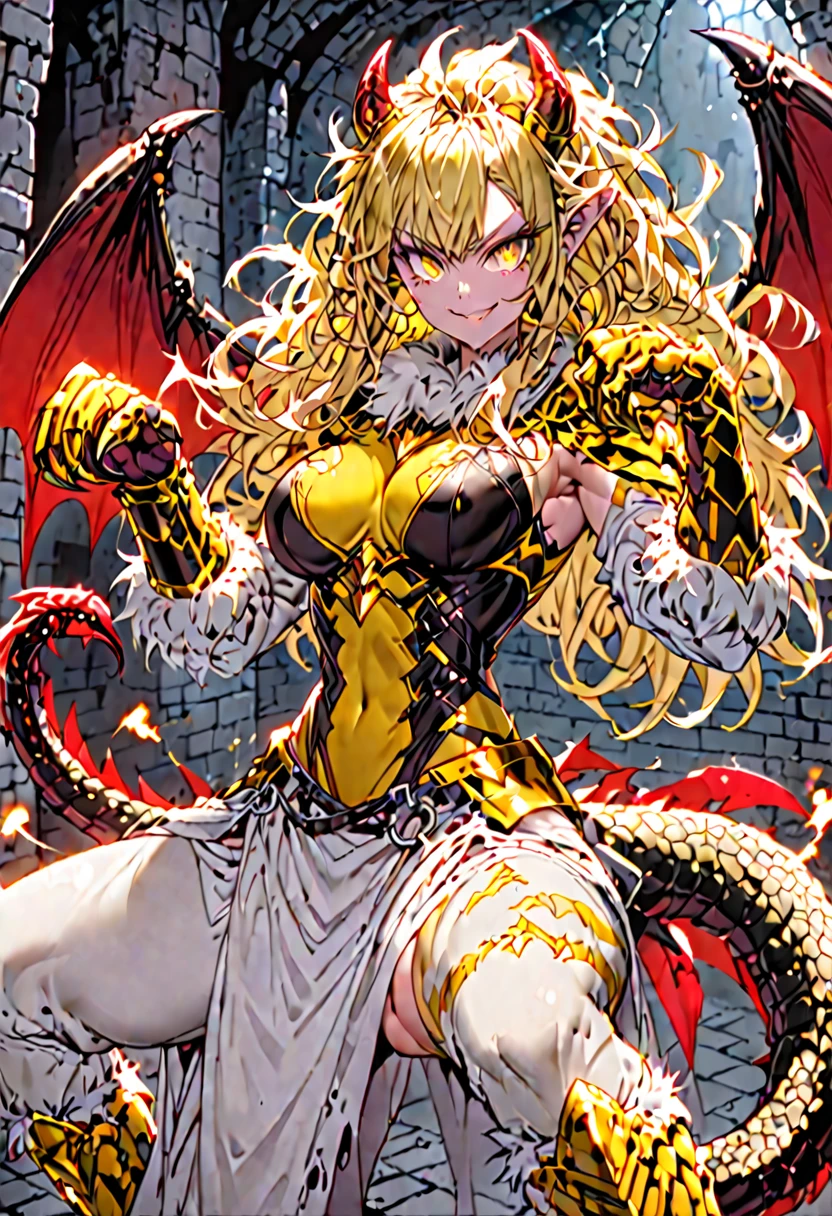 solo, female, sfw, medium shot, dungeon, fur on arms:1.2, animal hands, muscular, horns, lion ears, long messy hair, yellow eyes, armor, large breasts, white fur collar, attack stance, red bat wings, scorpion_tail:1.1, smile, slit pupils