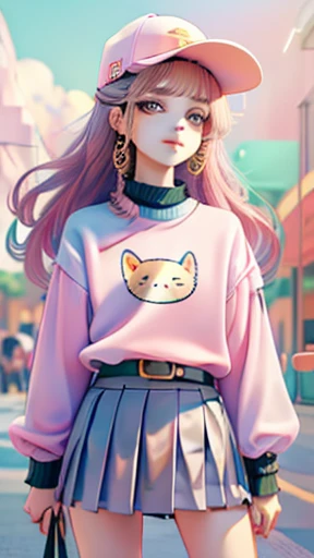 1girl, long brown hair, black eyes, frowning, harajuku sweater with a super cute cat design in the center, black pleated skirt, black belt, pastel scrunchie on wrist, gold anklet, smiling, baseball cap