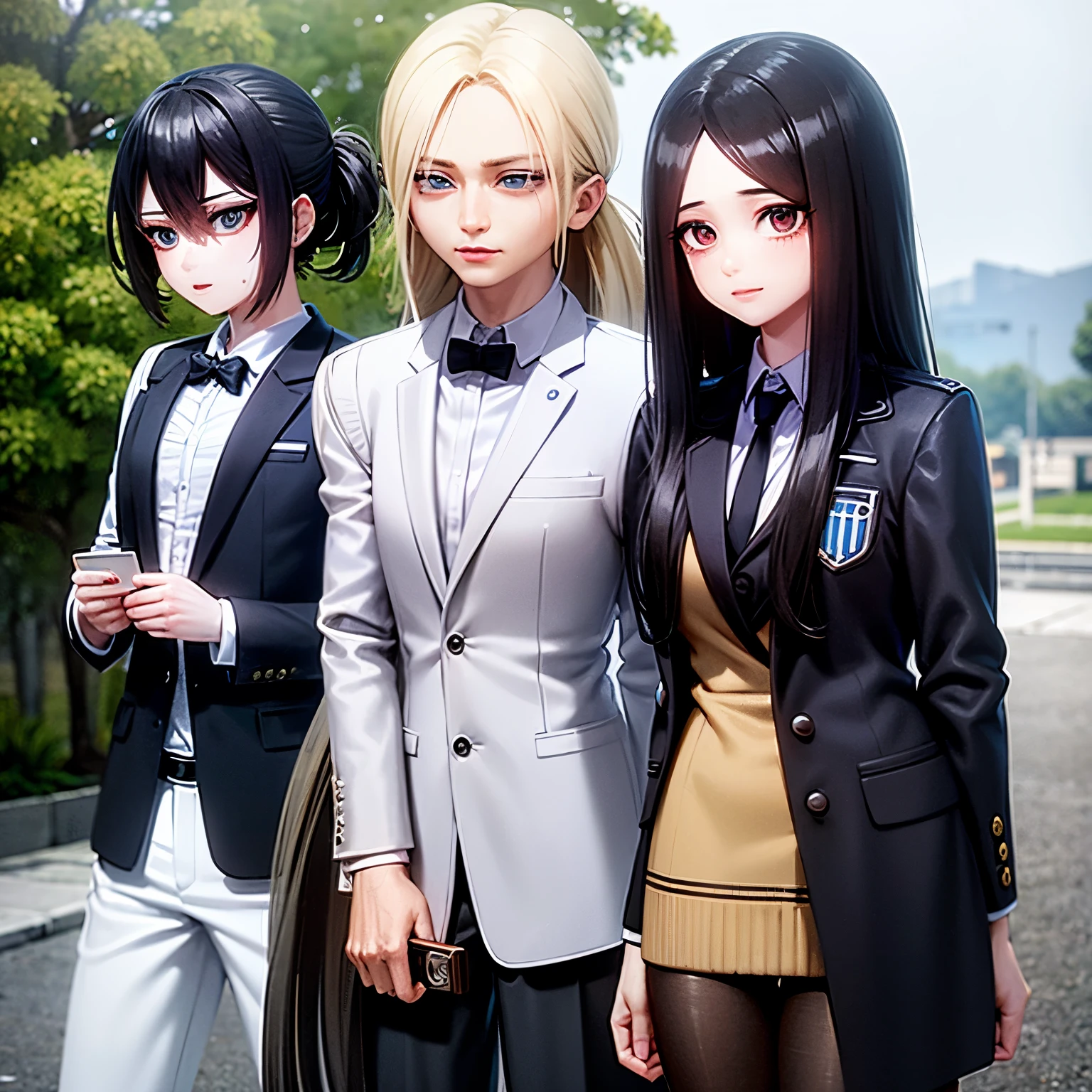 Captura de pantalla de Boku no hero academia, mujer de piel blanca, cabello largo, lacio de color negro, ojos azul hielo, hermosa, atractiva. Usando un Blazer gris, corbata roja y una falda verde, adolescente. En un lindo parque.