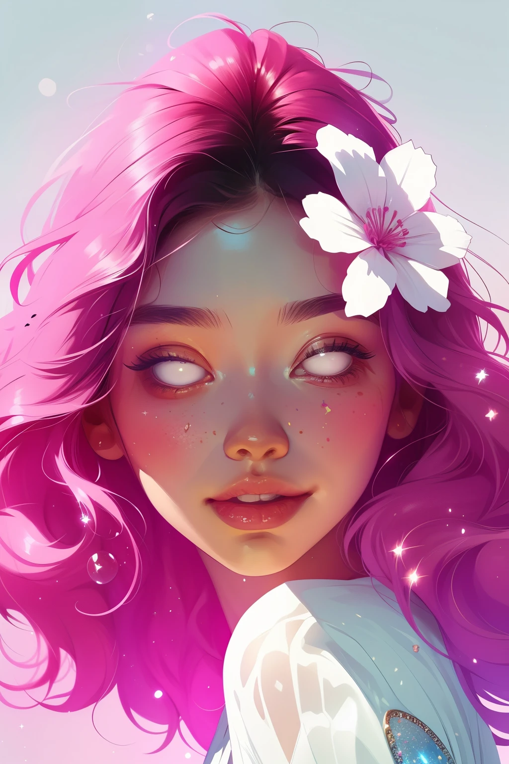 (This is a beautiful fantasy image that feels interesting and emphasizes glitter and iridescence.) Generate a ((blind)) curvy woman with colorful curly hair and milky white eyes. Her face is important and is perfectly formed with puffy lips and perfect features. (Her eyes are critically important and are (blank) and (solid white)). The image exudes ethereal beauty and soft fantasy. Include sweet and detailed birds and soft, luminous flowers. The image's background is decorated in shades of pink, shimmer, glitter, and fantasy details like colored bubbles and cosmos. Utilize dynamic composition to create a compelling and action-packed image. Dramatic lighting and cinematic lighting enhance the woman's beauty and the soft colors in the artwork. Include fantasy, cute, colorful, colourful, interesting magic background, ((((blank eyes)))), ((((empty white eyes)))), (shirome eyes:1.3), (smirking), (perfectly rendered solid whiteeyes), ((short neck))