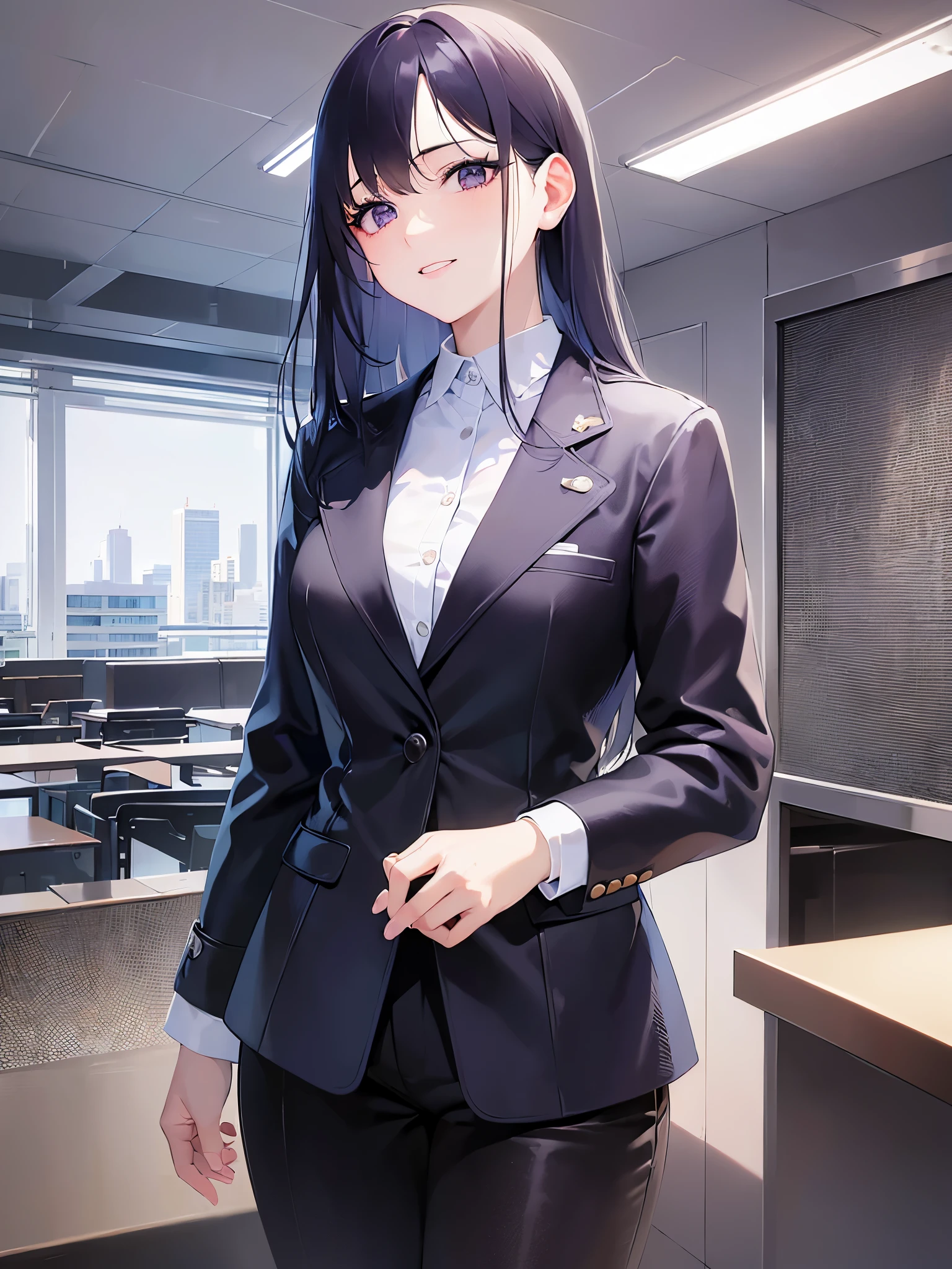 cowboy shot, Realistic, real person, (pale skin: 1.2), (RAW photo:1.5), photorealistic, shiny skin, shiny hair、(A 25-year-old woman with straight hair and bangs) and (medium hair) and (black hair) and (purple eyes) and (half eyes), (business suit), smile, The background is an office conference room、alone、Are standing
