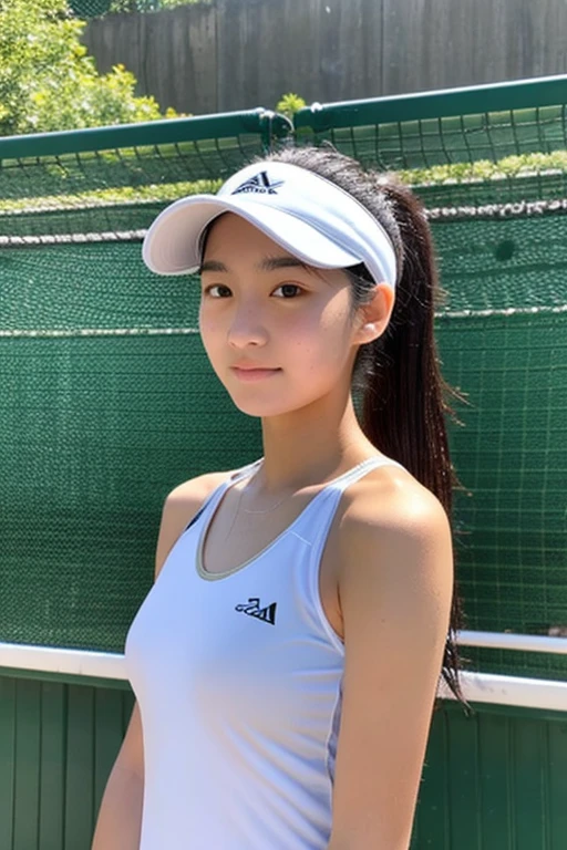 Beautiful Japanese high school sophomore, height: 170cm Well-shaped B cup breasts Small face Beautiful white skin Shiny chestnut hair in a ponytail Full-body image of a person wearing tennis clothing during a match After the game, I took off all my sweaty clothes, got naked and took a shower. Her skin is so tight it repels the shower water.