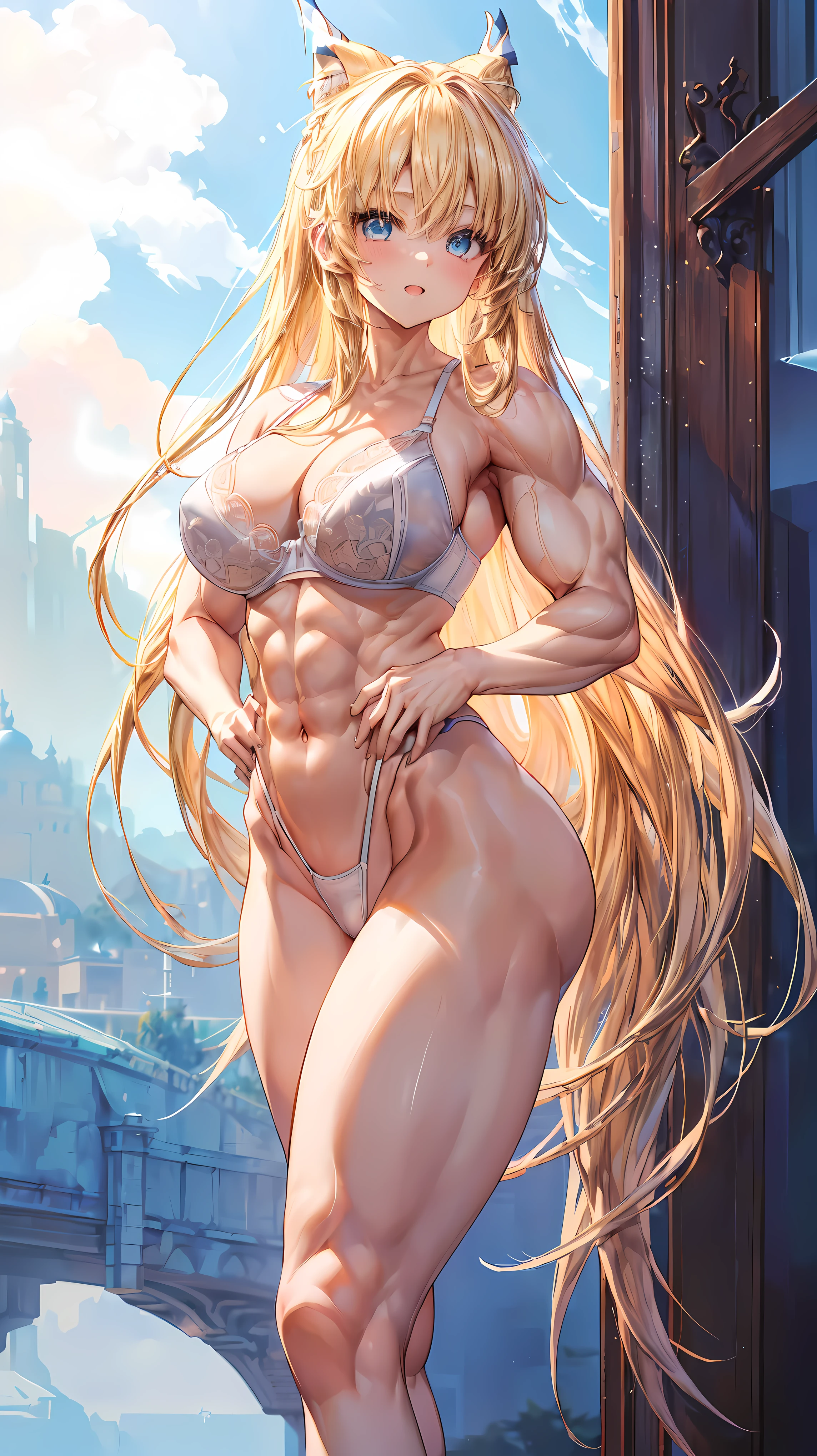 Very detailed、highest quality、Best image quality、masterpiece、8k、Anime Face、A kind smile、(Open your mouth:1.3)、Sparkling blue eyes、(Blonde semi-long hair:1.5)、(Muscles of the whole body:1.3)、(highleg:2.0)、Thigh belt、(Cowboy Shot:1.5)、(SFW Giant)、(Thick body:1.2)、(bra:1.5)、(sxspnts)、(Hands on hips:1.1)