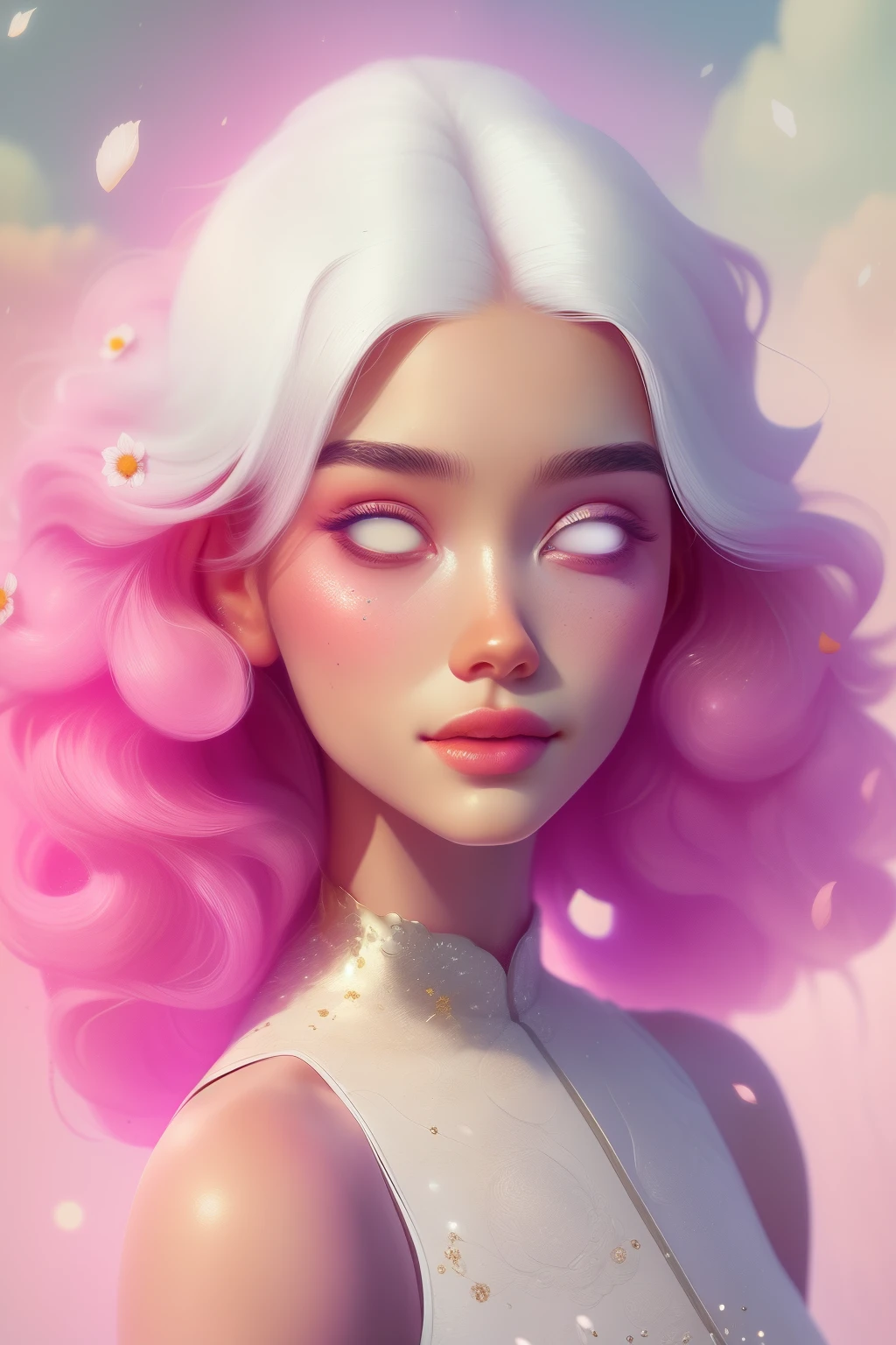 (This is a beautiful fantasy image that feels interesting and emphasizes glitter and iridescence.) Generate a ((blind)) curvy woman with colorful curly hair and milky white eyes. Her face is important and is perfectly formed with puffy lips and perfect features. (Her eyes are critically important and are (blank) and (solid white)). The image exudes ethereal beauty and soft fantasy. Include sweet and detailed birds and soft, luminous flowers. The image's background is decorated in shades of pink, shimmer, glitter, and fantasy details like colored bubbles and cosmos. Utilize dynamic composition to create a compelling and action-packed image. Dramatic lighting and cinematic lighting enhance the woman's beauty and the soft colors in the artwork. Include fantasy, cute, colorful, colourful, interesting magic background, ((((blank eyes)))), ((((empty white eyes)))), (shirome eyes:1.3), (smirking), (perfectly rendered solid whiteeyes), ((short neck))