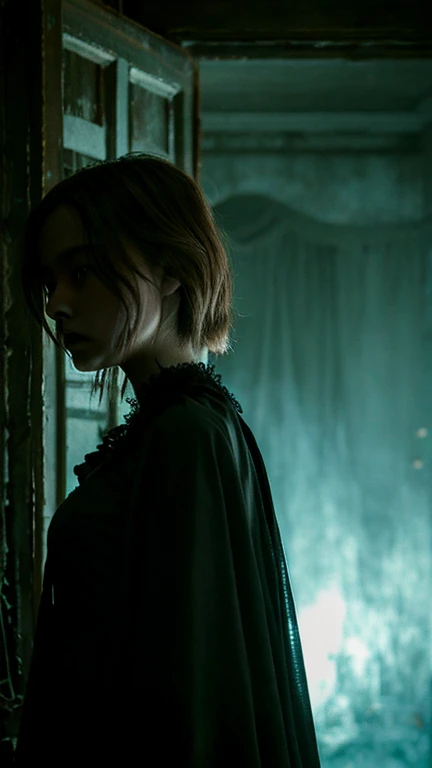 scary photos，Gothic horror masterpiece，有飄渺透明度高behind靈，Someone has a face，Beautiful female doll，behind，feeling of horror，Uncanny Valley，There is a spirit behind it，Gorgeous clothes，There is a drop shoulder，There is leakage on the chest