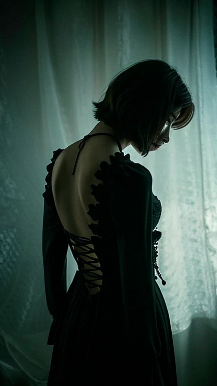 scary photos,Gothic horror masterpiece,有飄渺透明度高behind靈,Someone has a face,Beautiful female doll,behind,feeling of horror,Uncanny Valley,There is a spirit behind it,Gorgeous clothes,There is a drop shoulder,There is leakage on the chest