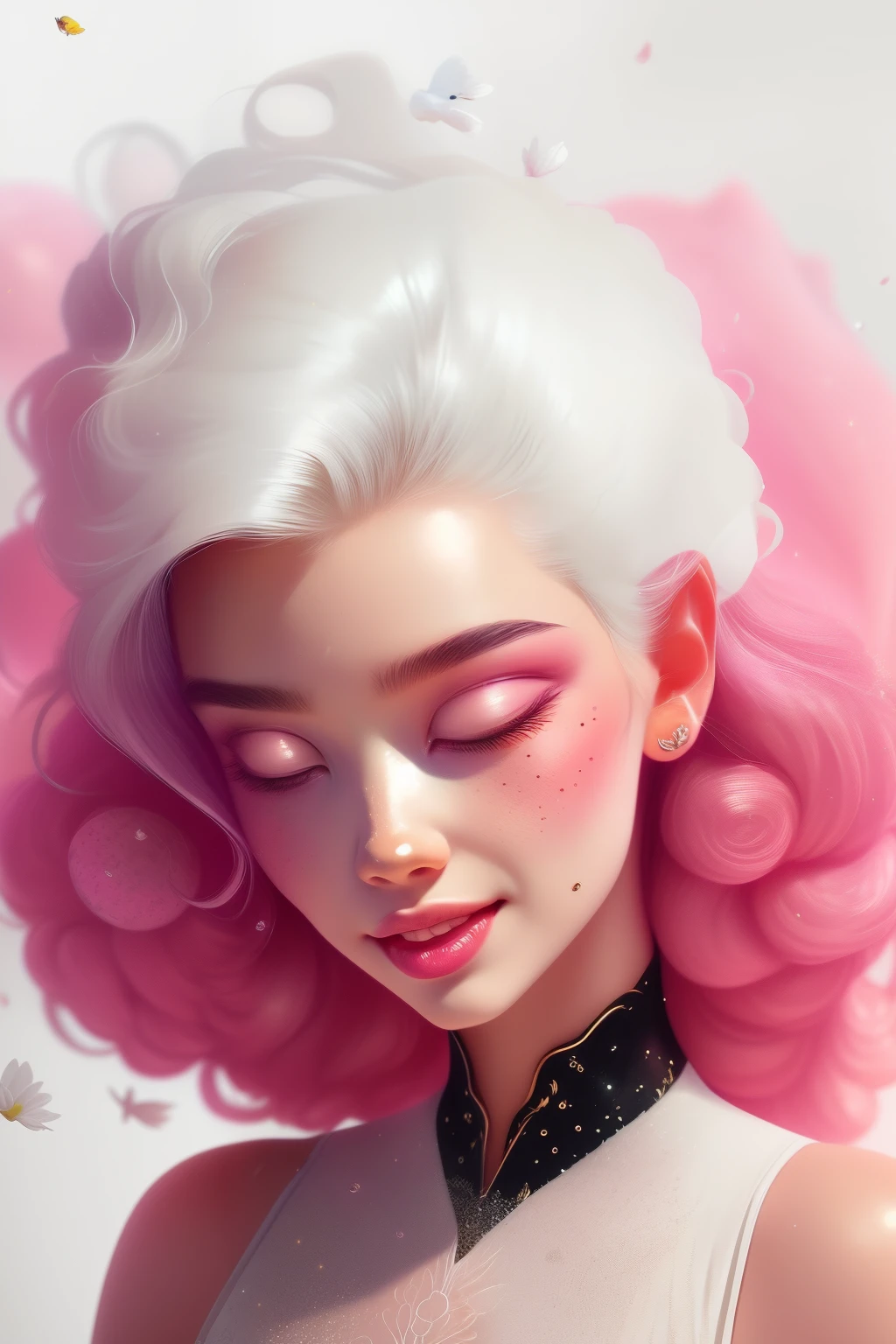 (This is a beautiful fantasy image that feels interesting and emphasizes glitter and iridescence.) Generate a ((blind)) curvy woman with colorful curly hair and milky white eyes. Her face is important and is perfectly formed with puffy lips and perfect features. (Her eyes are critically important and are (blank) and (solid white)). The image exudes ethereal beauty and soft fantasy. Include sweet and detailed birds and soft, luminous flowers. The image's background is decorated in shades of pink, shimmer, glitter, and fantasy details like colored bubbles and cosmos. Utilize dynamic composition to create a compelling and action-packed image. Dramatic lighting and cinematic lighting enhance the woman's beauty and the soft colors in the artwork. Include fantasy, cute, colorful, colourful, interesting magic background, ((((blank eyes)))), ((((empty white eyes)))), (shirome eyes:1.3), (smirking), (perfectly rendered solid whiteeyes), ((short neck))