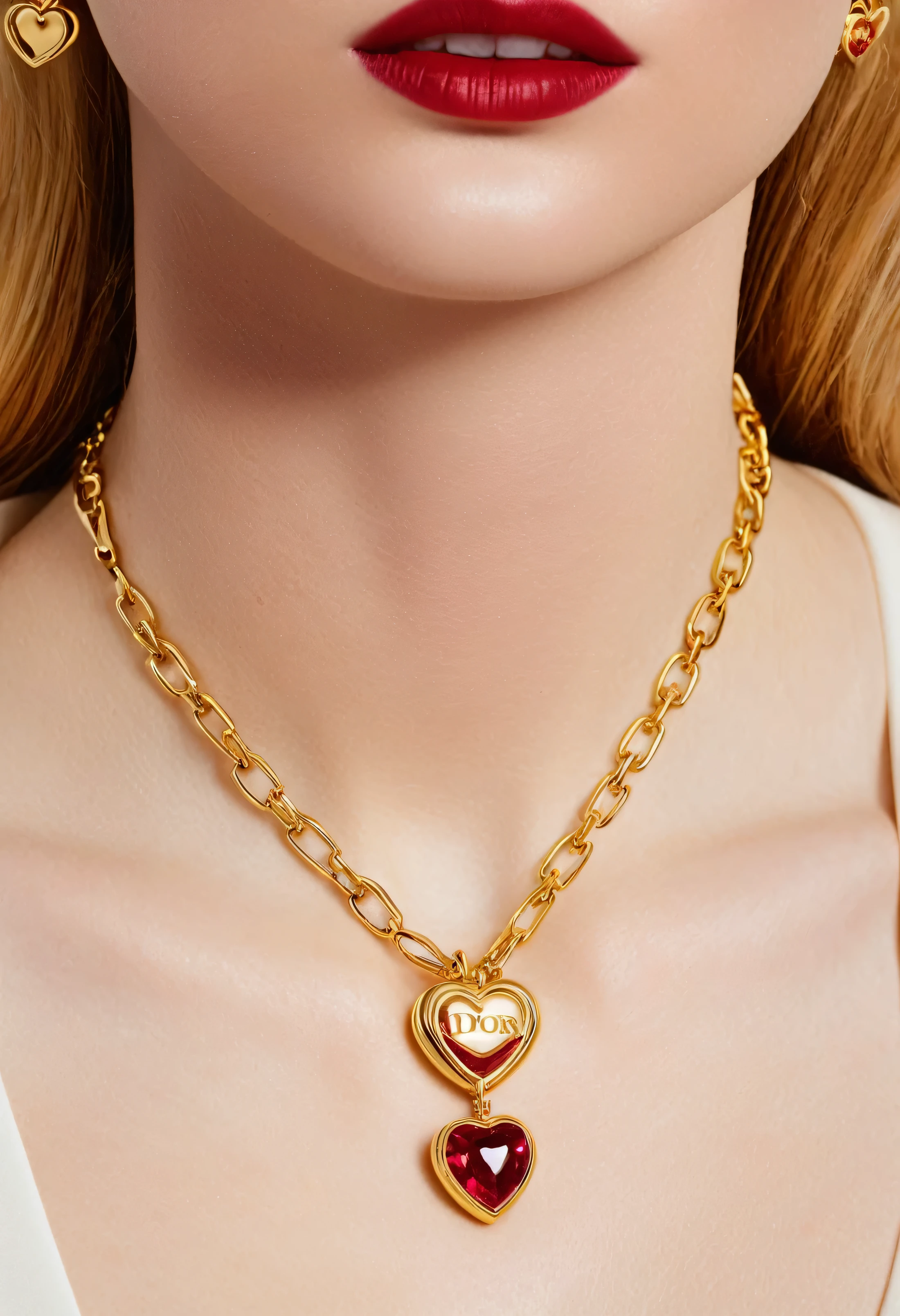 A woman with a gold necklace where gold hips hang and in the middle of the necklace there are two ruby hearts where a thin chain with the Dior logo will hang