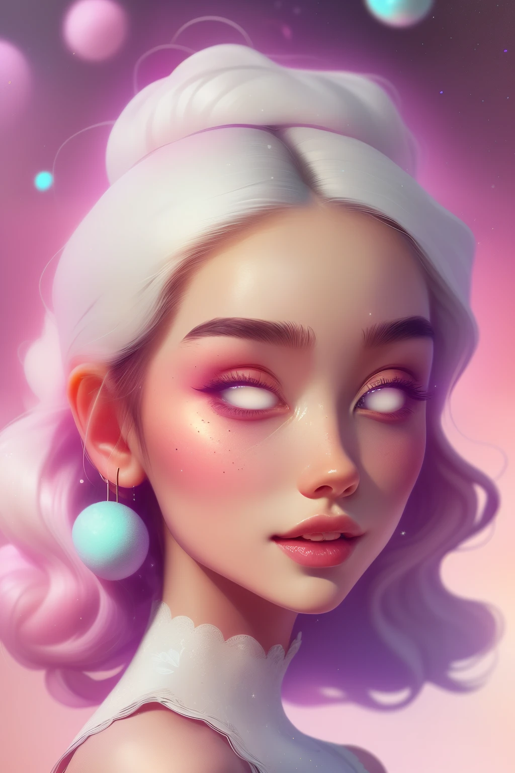 (This is a beautiful fantasy image that feels interesting and emphasizes glitter and iridescence.) Generate a ((blind)) curvy woman with colorful curly hair and milky white eyes. Her face is important and is perfectly formed with puffy lips and perfect features. (Her eyes are critically important and are (blank) and (solid white)). The image exudes ethereal beauty and soft fantasy. Include sweet and detailed birds and soft, luminous flowers. The image's background is decorated in shades of pink, shimmer, glitter, and fantasy details like colored bubbles and cosmos. Utilize dynamic composition to create a compelling and action-packed image. Dramatic lighting and cinematic lighting enhance the woman's beauty and the soft colors in the artwork. Include fantasy, cute, colorful, colourful, interesting magic background, ((((blank eyes)))), ((((empty white eyes)))), (shirome eyes:1.3), (smirking), (perfectly rendered solid whiteeyes), ((short neck))