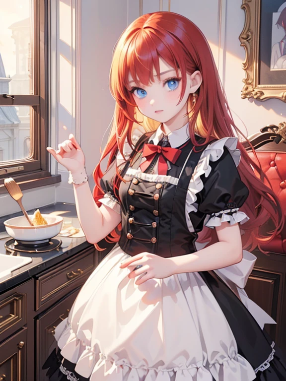 (8k, highest quality, Tabletop:1.2)、Gothic art、(2 women, Black maid outfit, (****************, Detailed face, blue eyes, Blonde), (****************, Detailed face, Red eyes, Red hair)), Classical Western-style building, kitchen, Cooking