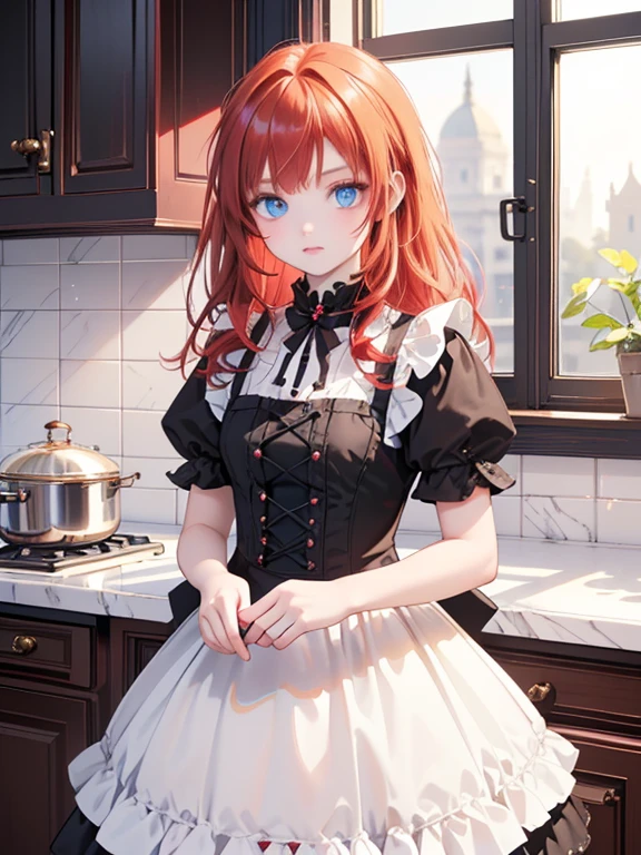 (8k, highest quality, Tabletop:1.2)、Gothic art、(2 women, Black maid outfit, (-yeld gi Detailed face, blue eyes, Blonde), (10-year-o giDetai face, Red eyes, Red hair)), Classical Western-style building, kitchen, Cooking
