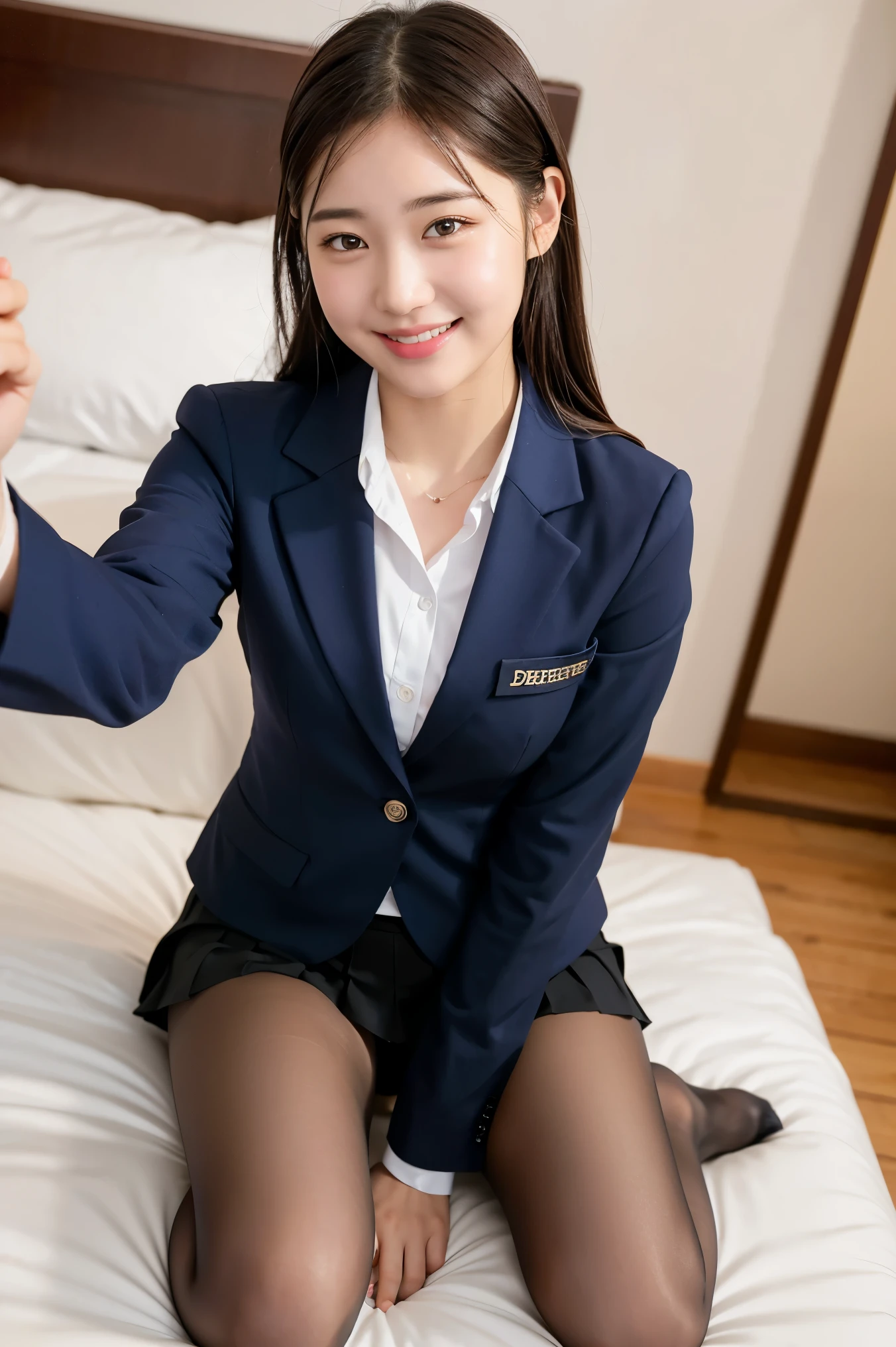 (8k), (highest quality: 1.2), (Realistic), (Realistic: 1.37), Ultra-high resolution, 1 girl, cute, smile, Mouth closed, Beautiful details, Beautiful Nose, Wet Hair, Giant Dulcefo, pork, Thighs,Selfie,University Student Uniform,A simple blazer,Pleated skirt,Are standing,Opaque tights,(8k), (highest quality: 1.2), (Realistic), (Realistic: 1.37), Ultra-high resolution, 1 girl, cute, smile, Mouth closed, Beautiful details, Beautiful Nose, Wet Hair, Giant Dulcefo, pork, Thighs,Selfie,University Student Uniform,A simple blazer,Pleated skirt,Opaque tights,bed,Spread your legs ,Skirt Lift, From above