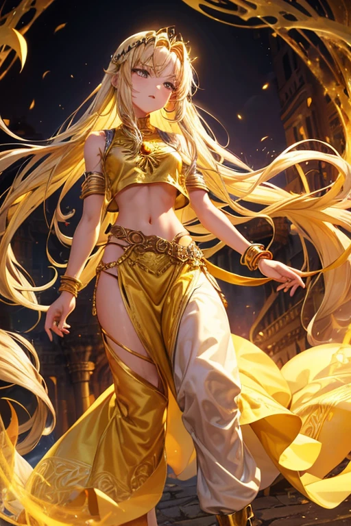 Rapunzel 18 year old girl long blonde hair djinn clothing golden top with open sleeveless vest gold yellow vest with silver arabic print yellow arabic pants golden belt djinn bracelet with yellow gems brown boots phosphorescent yellow tattoos surrounded by yellow fire and smoke on a background of arab ruins