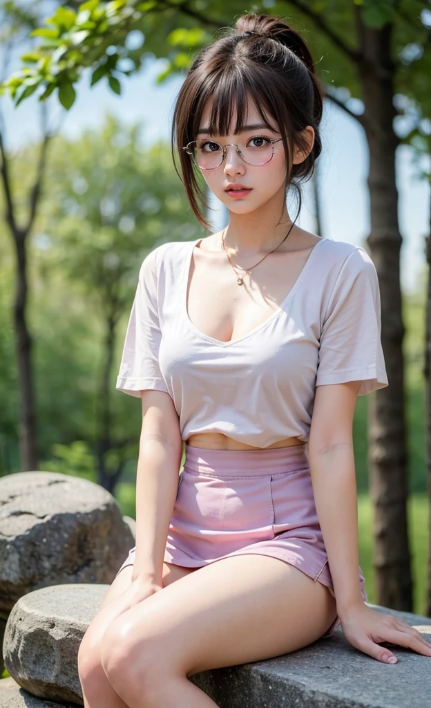 1girl, 18 years old busty woman, eye glasses, short ponytail hair, bangs, light pink blush, sitting on a big rock, dark forest, white short sleeve, cleavage, big , small waist, denim mini skirt, thicc_thighs
thighs, legs, perfect fingers, 