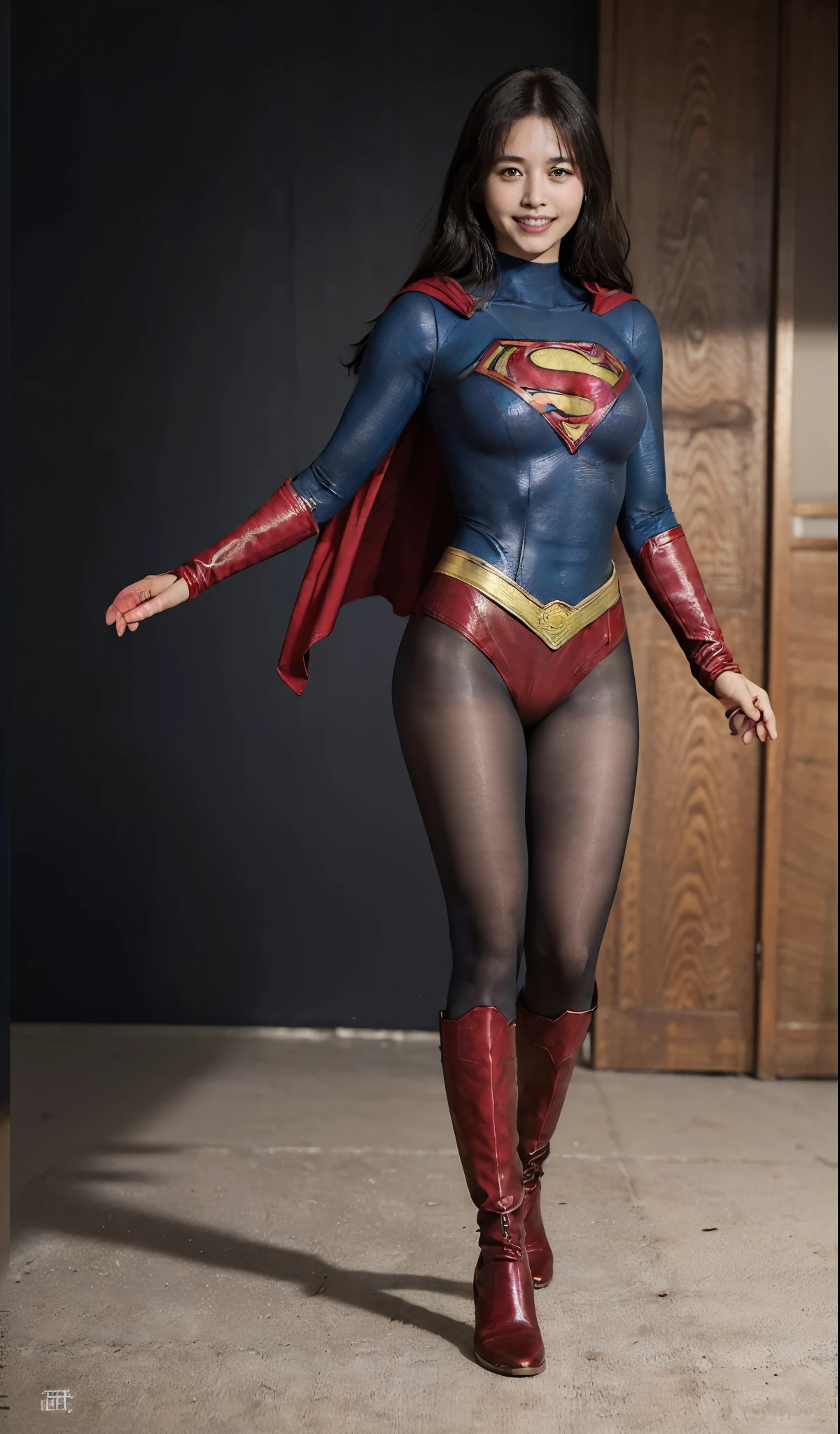 No background、(((Beautiful legs in black tights.)))、(((Legally express the beauty of your smile)))、((((Make the most of your original images)))、(((Supergirl Costume)))、(((ボディにフィットしたSupergirl Costume)))、(((Beautiful Hair)))、(((Smiles and winks)))、(((Please wear black tights....、Wear red boots)))、((Best image quality、8k))、((highest quality、8k、masterpiece:1.3))、(((Preserve background )))、Sharp focus:1.2、Beautiful woman with perfect figure:1.4、Slim Abs:1.2、Wet body:1.5、Highly detailed face and skin texture、8k