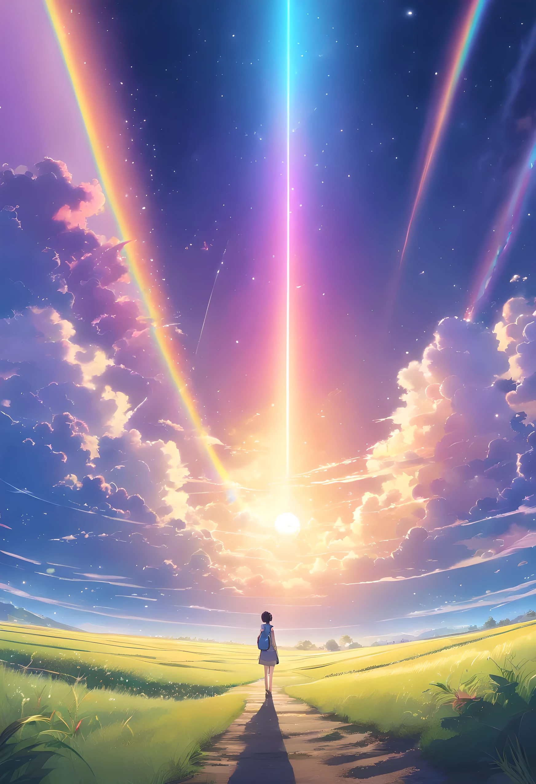 A wide landscape photo, (viewed from below, the sky is above, and the open field is below), a wolf sitting on grass field looking up, (full moon: 1.2), (meteor: 0.9), (nebula: 1.3), distant mountains , Trees BREAK Crafting Art, (Warm Light: 1.2), (Firefly: 1.2), Lights, Lots of Purple and Orange, Intricate Details, Volumetric Lighting BREAK (Masterpiece: 1.2), (Best Quality), 4k, Ultra Detailed, (Dynamic Composition: 1.4), Rich in Detail and Color, (Rainbow Color: 1.2), (Glow, Atmospheric Lighting), Dreamy, Magical, (Solo: 1.2)
