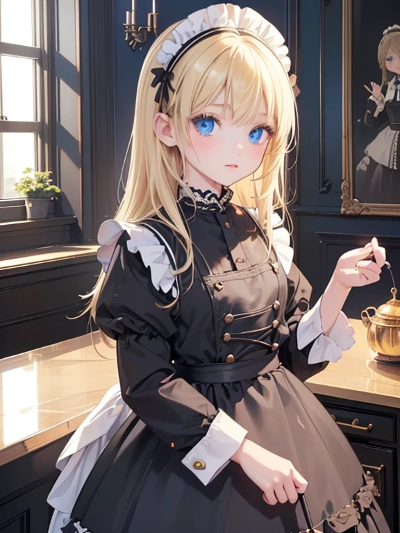 (8k, highest quality, Tabletop:1.2)、(2 women, (8-year-old girl, Detailed face, blue eyes, Blonde, Black maid outfit), (12-year-old girl, Detailed face, black eye, Black Hair, Black maid outfit)), Classical Western-style building, kitchen, Cooking