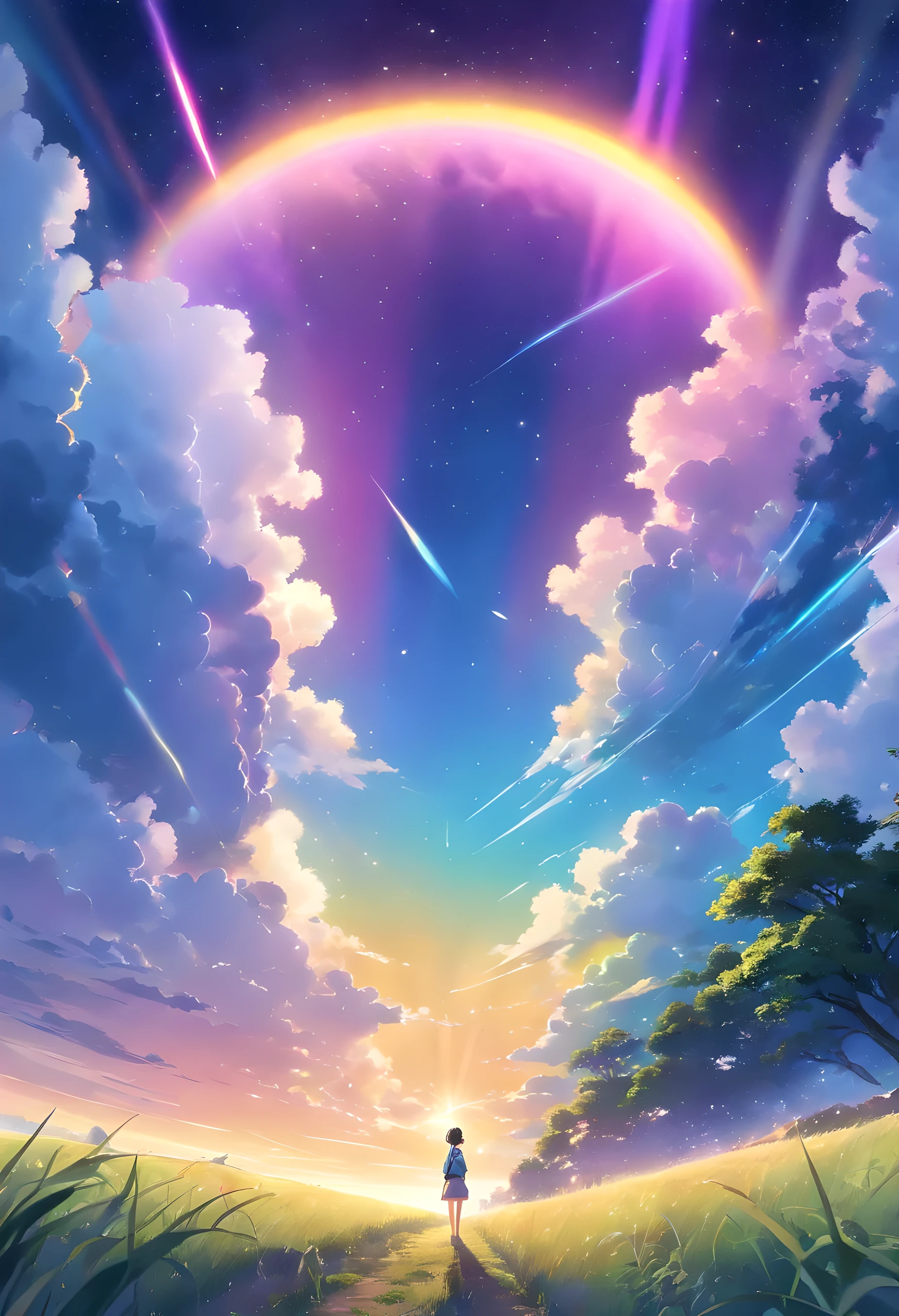 A wide landscape photo, (viewed from below, the sky is above, and the open field is below), a wolf sitting on grass field looking up, (full moon: 1.2), (meteor: 0.9), (nebula: 1.3), distant mountains , Trees BREAK Crafting Art, (Warm Light: 1.2), (Firefly: 1.2), Lights, Lots of Purple and Orange, Intricate Details, Volumetric Lighting BREAK (Masterpiece: 1.2), (Best Quality), 4k, Ultra Detailed, (Dynamic Composition: 1.4), Rich in Detail and Color, (Rainbow Color: 1.2), (Glow, Atmospheric Lighting), Dreamy, Magical, (Solo: 1.2)
