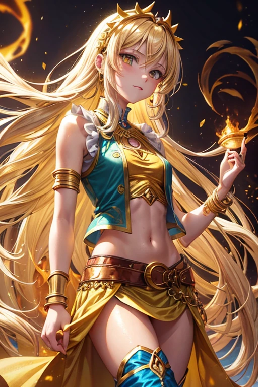  Rapunzel 18 year old girl long blonde hair djinn clothing golden top with open sleeveless vest gold yellow vest with silver arabic print yellow arabic pants golden belt djinn bracelet with yellow gems brown boots phosphorescent yellow tattoos surrounded by yellow fire and smoke on a background of arab ruins