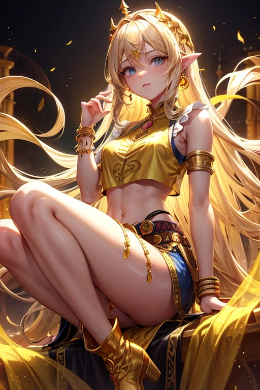  Rapunzel 18 year old girl long blonde hair djinn clothing golden top with open sleeveless vest gold yellow vest with silver arabic print yellow arabic pants golden belt djinn bracelet with yellow gems brown boots phosphorescent yellow tattoos surrounded by yellow fire and smoke on a background of arab ruins