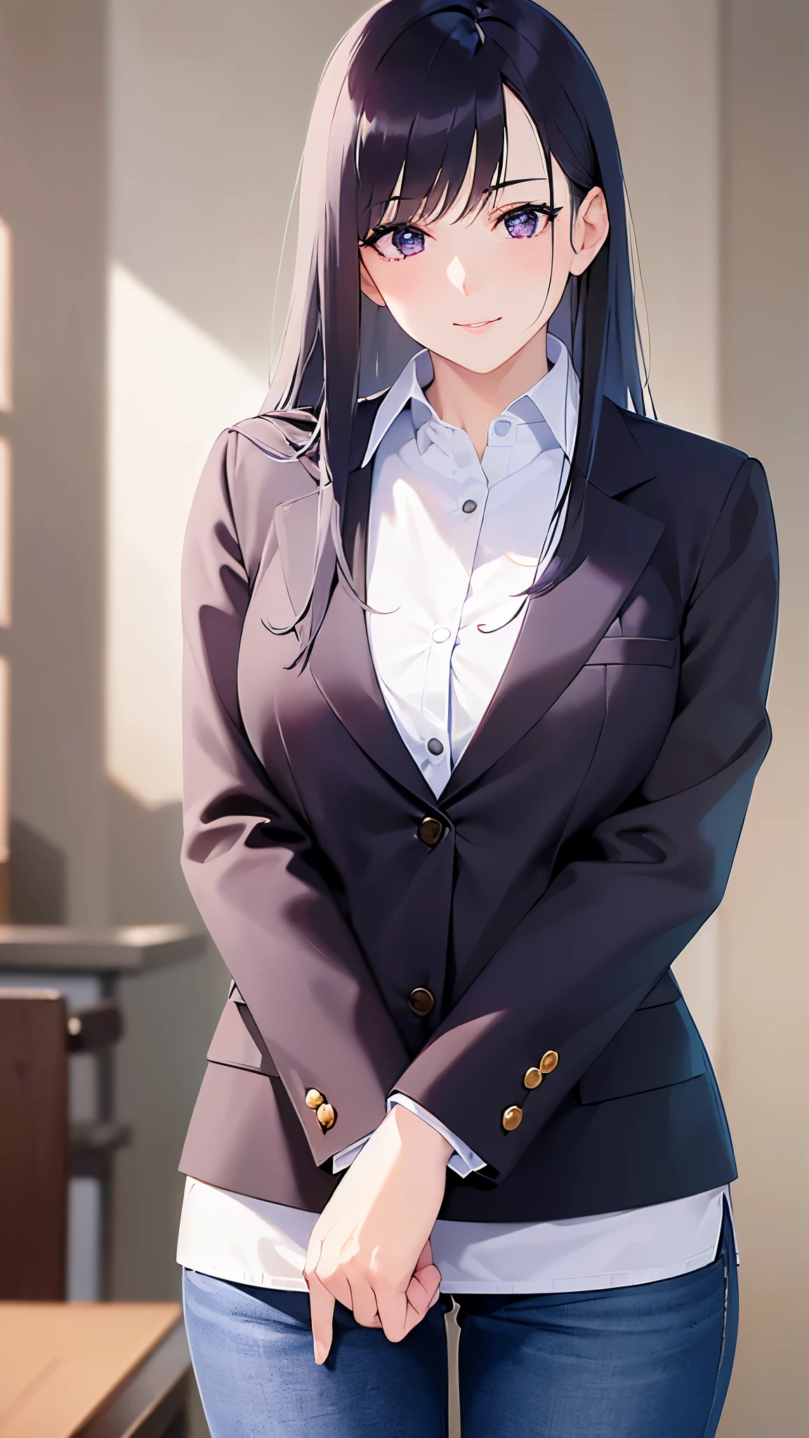 cowboy shot, Realistic, real person, (pale skin: 1.2), (RAW photo:1.5), photorealistic, shiny skin, shiny hair、(A 25-year-old woman with straight hair and bangs) and (medium hair) and (black hair) and (purple eyes) and (half eyes), Wearing a business suit, smile, The background is an office conference room、alone、Are standing