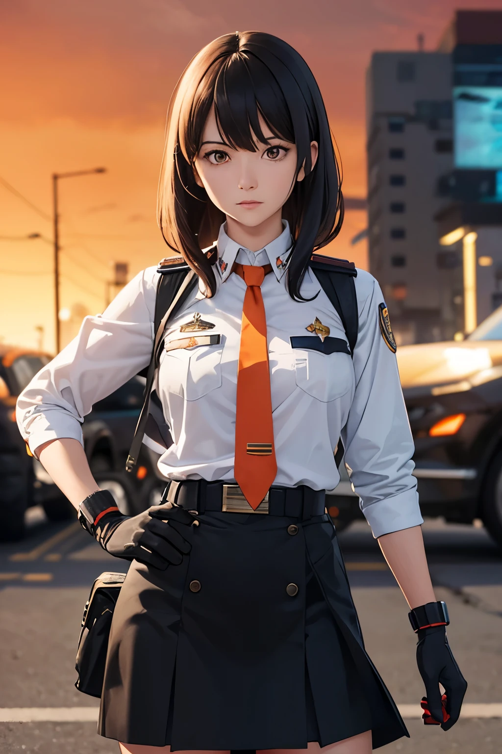 A female member of the Scientific Special Investigation Team that appears in Ultraman wears the uniform of the Special Scientific Investigation Team, is a member of the Special Scientific Investigation Team, her uniform is orange with a red tie, the meteor-shaped emblem on her collar is a communication device, a helmet, Female member of the Special Forces, black gloves, orange skirt, black handgun holster on waist, dynamic pose, outdoors, built-up area, background blurred