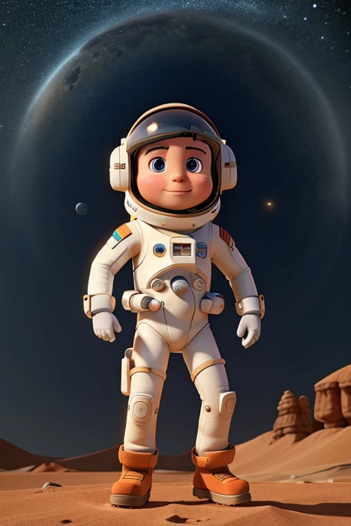 Pixar's style movie cover entitled "Thomas", at the center of the image a boy, big eyes, curly and messy hair, white, using an astronaut space suit, the background is the stellar cosmic space
