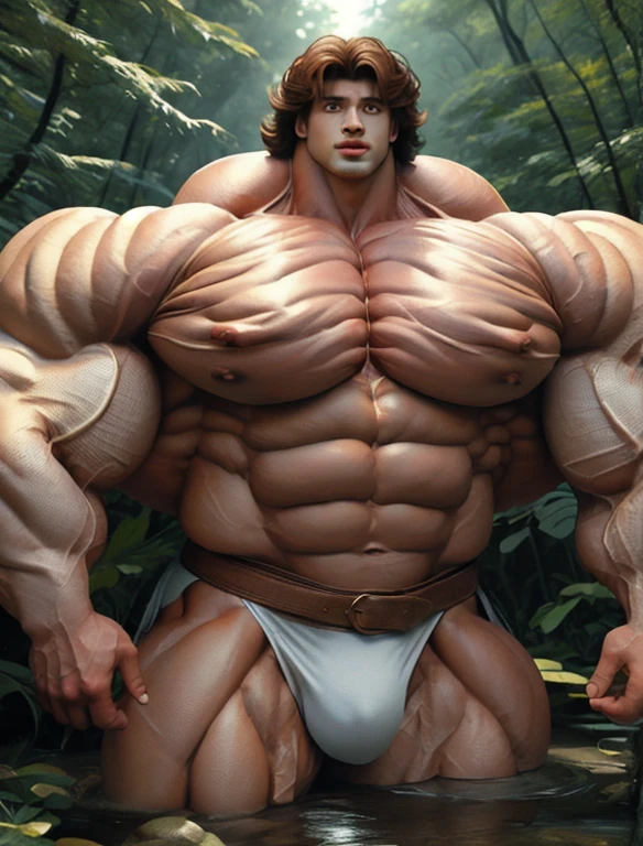 1boy, giant, model shoot style, looking at viewer, standing, illuminating light, outdoor, strong body, bulk, large size, standing, sunmer, in the forest, white triangular underwear, prominent bulge, big, brutalmass, giant, muscular body, bulk, massive body, squishy, large meaty body size
