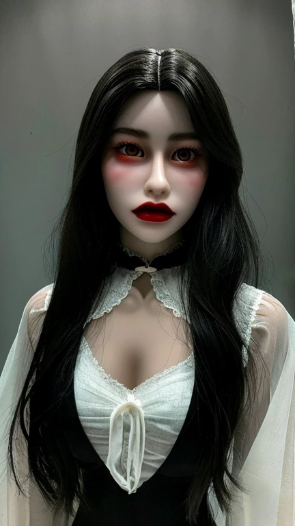 scary photos,Gothic horror masterpiece,There is an ethereal and transparent soul behind the face,Beautiful female doll,behind,feeling of horror,Uncanny Valley,There is a spirit behind it,Gorgeous clothes,There is a drop shoulder,There is leakage on the chest