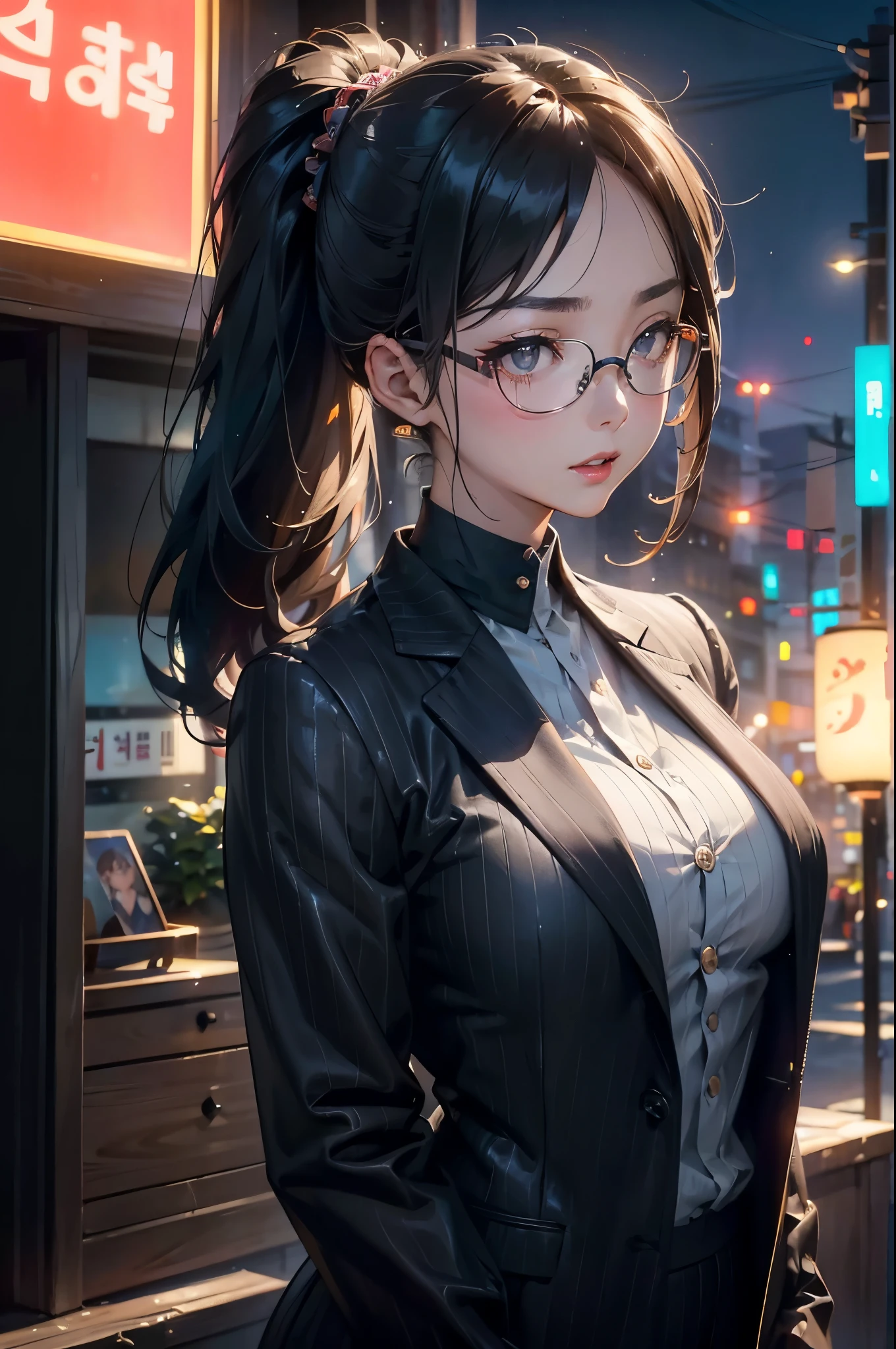 high resolution, Beautiful woman photo details_Face,
Young and handsome girl,Practical:0.5, Perfect skin, (wear glasses:1.5), (ultra-Detailed background, Detailed background), Bokeh, Make a happy expression, happy emotion, Gorgeous,pure, beautyfull detailed Face and eyes,breast,
(black eyes:1.1), (Very beautiful Japanese woman), (Sexy Girls), (business attire:1.3), (22 years old: 1.1),
(Arms down:1.3),
BREAK
breast, (Secretary outfit:1.2), (Dark Grey Pinstripe Blazer:1.2), (Dark grey pinstripe suit trousers:1.2), (Black stiletto heels:1.2), (Put away jacket:1.5), Extremely elaborate clothing, Beautiful and smooth skin, (Lovely:1.2), ((Korean pop idol)), (Upper Thigh:0.6), (Depth of Field),Soft Light, Lens Glow
Looking at the audience, (Drooping eyes:1.2), Straight teeth, Smile, 飘逸的hair, Brown eyes,
BREAKScene, Movie, Full color, 4K, 8k, 16K, original photo, masterpiece, Professional color grading, Professional photography,
hair, contemplating, Soft and clean focus, Practical lighting and shading, (Extremely exquisite and beautiful art)1.3, elegant,Activity Angle,Dynamic Posture Rest
(Ponytail:1.3), (乌黑亮丽的稀疏hair:1.2), Bangs, dark Brown eyes, beautiful eyes, Princess Eyes, (big eyes:1.3), Bangs, wear glasses:1.3, Hair between the eyes, short hair:1.3, (slim:1.1), (medium-breast:0.95), (Thin waist: 1.15), (Detail of beautiful girl: 1.4), Open your mouth, Red lips, full-make-up Face, (Glowing skin), ((Perfect female body)), (Upper body image:1.3), Perfect anatomical structure, Perfect proportion, (most beautiful Korean actress Face:1.3, extremely Lovely and beautiful Japanese actress Face:1.3), (1 glasses girl:1.3, Solitary), (Face红:1.1), Gray background, Solitary focus, (Half-length photo:1.2),
Movie light, (nostalgic night view:1.4), (Office:1.4), Neon vibrant glow, (Looking at the audience:1.2),breast瘋狂腫脹, Chest larger than shoulder blades, Big breasts and thin waist,(Huge breasts:1.2),Hydrated skin((rogue))((非常巨大的breast)),((Grooves reveal original skin))