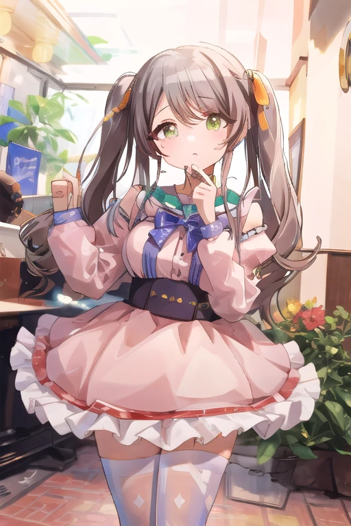 Schoolgirl with brown hair、Green skirt、(Blue headphones)、Apron、Semi-long hair、baker、Black pantyhose、(no panties)、(Wet),、(See-through)、vagina,red blush、Solo、Inside the coffee shop、breads