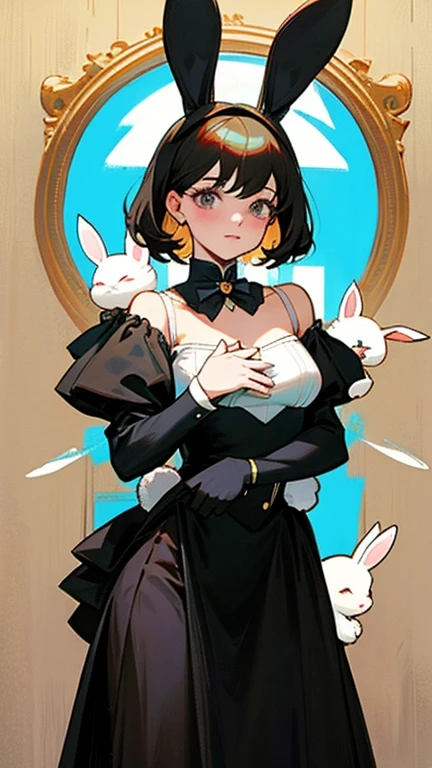 Cute rabbit wearing comic style clothes  ，gothic masterpiece，Gorgeous clothes，There is a drop shoulder，There is leakage on the chest