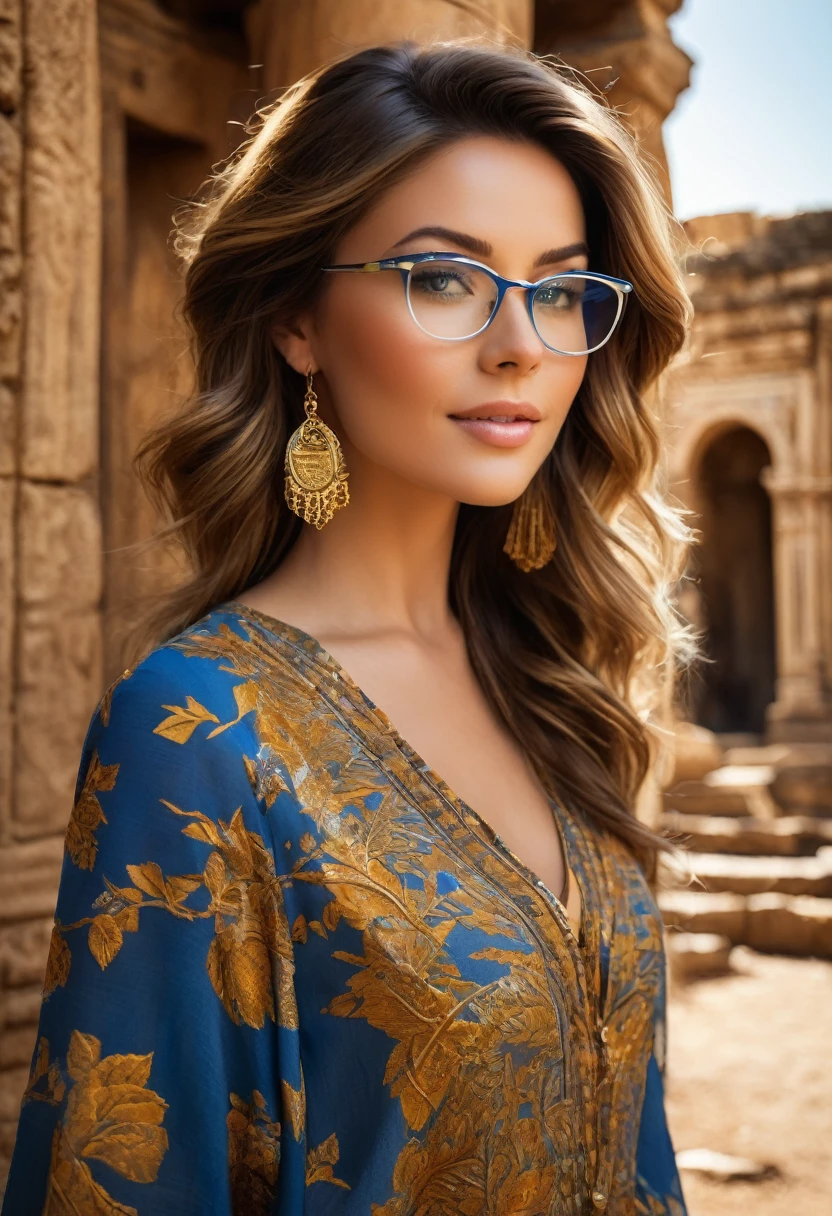"A charming woman, with elegant posture and incomparable beauty, wearing prescription glasses. Her soft dimples and realistic expression lines add authenticity. Her skin is illuminated by the sun's rays, highlighting her beauty. Wearing long, colorful mixed clothes. In the background, ruins of an ancient temple with multiple entrances, almost in ruins, surrounded by dense, branching vegetation. A lone tree complements the scene. To capture this extraordinary scene, a high-resolution camera, such as the Phase One XF IQ4 150MP, is required. ability to capture light in adverse conditions. Diffuse natural lighting, minimizing harsh shadows. Camera settings include medium aperture, adjusted shutter speed and low ISO. The model is central, standing, with a rich color palette of blue and tones. gold. Use a high-quality wide-angle lens with a focal length of approximately 35mm to capture the entire scene immersively. Sharp, precise details are captured, from wavy hair to intricate clothing patterns, ensuring a stunning, natural image. "