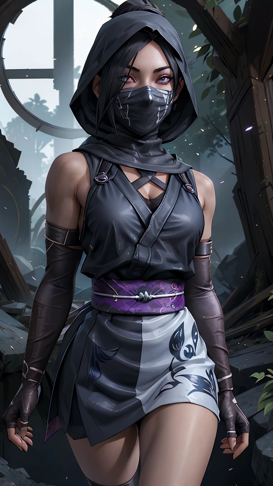 (La mejor calidad,A high resolution,Ultra - detallado,actual),Ariana Grande mosu ninja,1girl,solo,standing,cowboy shot,black hair,brown eyes,hair over one eye,eyeshadow,purple eyeshadow,breasts,small breasts,bare shoulders,mask,mouth mask,covered mouth,ninja mask,japanese clothes,kimono,short kimono,obi,elbow gloves,fingerless gloves,gloves,hood,skirt,sandals,socks,black legwear,toes,thigh strap,forest,tree,,(Fondo de ruinas de mazmorra en ruinas:1.4 ), (perfect anatomy :1.4), (Mosu Ninja :1.4), (Mosu Ninja V2.1), More detailed 8K.motor irreal:1.4,UHD,La mejor calidad:1.4, fotorrealista:1.4, textura de la piel:1.4, obra maestra:1.8,obra-prima, mejor calidad,objeto Objeto], (detailed face features:1.3),(Las proporciones correctas),(Ojos hermosos azules:1.4),  (pose vaquero), (face detailed :1.4) 