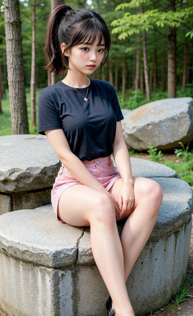 1girl, 18 years old busty woman, eye glasses, short ponytail hair, bangs, light pink blush, sitting on a big rock, dark forest, white short sleeve, cleavage, big , small waist, denim mini skirt, thicc_thighs
thighs, legs, perfect fingers, 