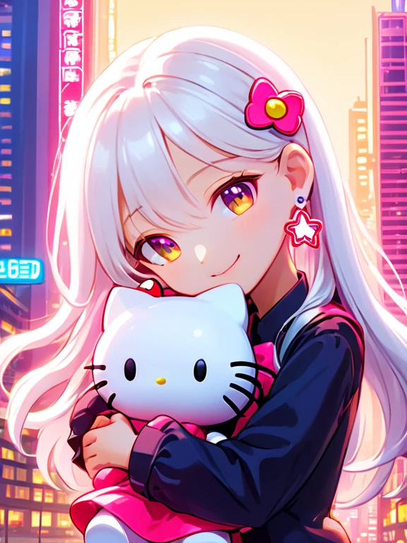 best quality, 4K wallpaper, masterpiece,  extremely detailed eyes, ultra-detailed, intricate details, 1girl, long white hair, hello kitty earrings, , hugging hello kitty doll, neon city happy, smile, hello kitty, adorable, cute, dynamic pose