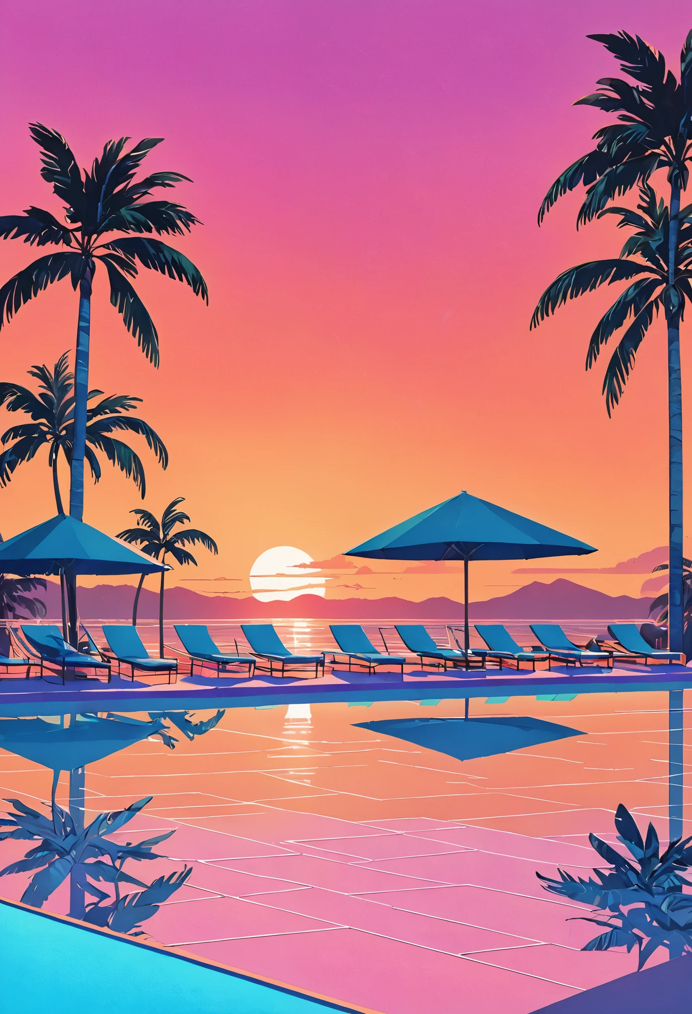 Envision an artwork deeply immersed in the vaporwave aesthetic of the 80s, inspired by Yoko Honda’s vibrant style. Picture a retro-futuristic pool and beach scene at sunset, where the sky blazes with the warm hues of an 80s summer sunset—intense oranges, pinks, and reds reflecting off the tranquil sea and pool waters. Around the pool, neon-lit palm trees and coconut trees sway gently, enhancing the tropical and surreal atmosphere. Neon lights in geometric patterns illuminate the scene, casting a dreamlike glow over everything. The background features a chic beachside bar with interiors visible through large glass windows, showcasing a room with pastel-colored walls and floors covered in luxurious terrazzo and marble textures. The overall ambiance combines nostalgic luxury with vibrant, warm color palettes, creating a scene that is both timeless and distinctly evocative of the 80s.