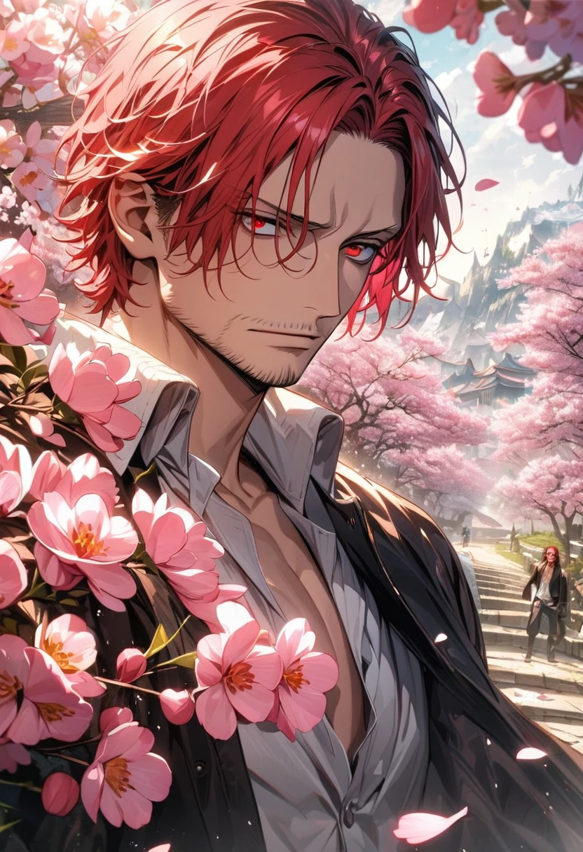 absurdres, highres, ultra detailed, HDR, masterpiece, extremely detailed face and eyes, Shanks, red hair, expressive red eyes, One Piece, solo, man, handsome, black cape, white shirt, showing the chest, blossoms, spring, pink butterflies, pink petals, pink flowers