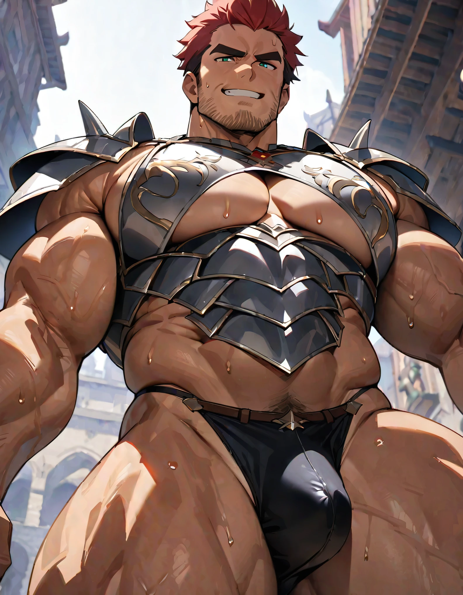 (masterpiece, best quality, solo mature male:1.2)、 Angle from below, bara, manly, newest, Detailed background, Solo,seductive 、popular on pixiv、masutepiece、Best Quality、exhale、Soft smile、Solo Male、Sweating、bulge, burly、muscular、Unshaven、thick eyebrow、35-year-old man、red short hair、All Back Hair、cropped hair、a castle yard、Fantasia、Knights、(Wear richly decorated Western light armor:1.4)、(Wear bikini armor:1.2)、matured male、(exposing pectoral muscles:1.2),(Exposed thighs:1.2)