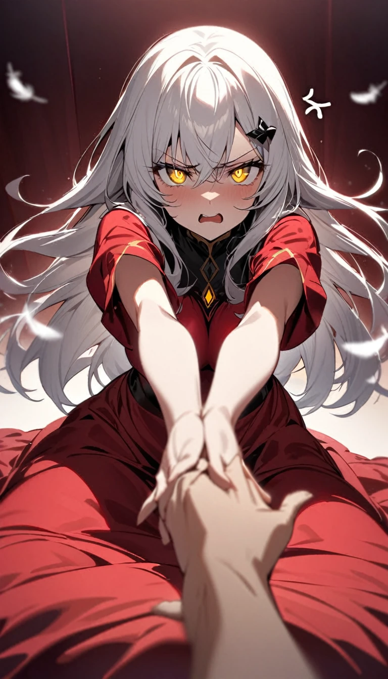 A woman, flowing white hair, melancholy eyes, yellow pupils, black diamond-shaped hairpin, Tiny feathers are dancing, angry, arm support, arms up, incoming hug, pov, reaching, reaching towards viewer, looking at viewer, She is sitting on a super huge red silk soft duvet