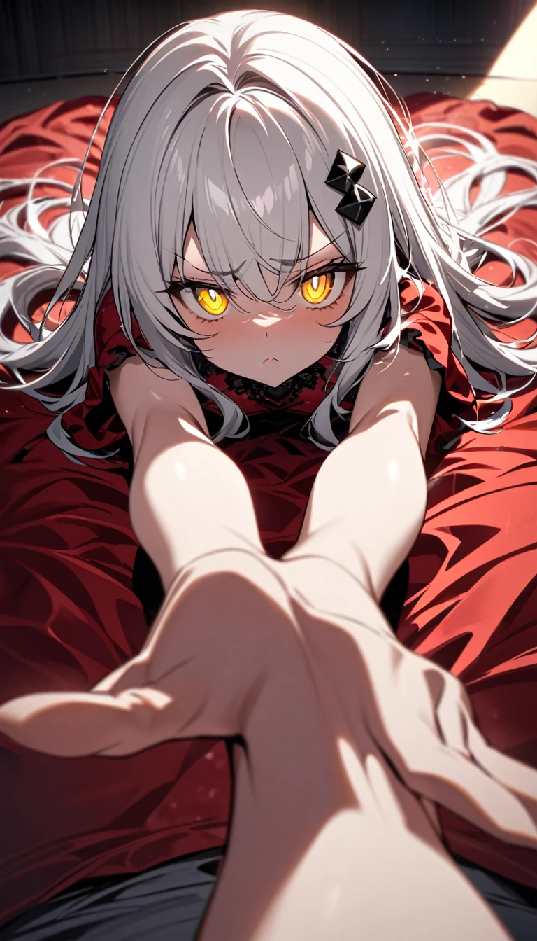 A woman, flowing white hair, melancholy eyes, yellow pupils, black diamond-shaped hairpin, Tiny feathers are dancing, angry, arm support, arms up, incoming hug, pov, reaching, reaching towards viewer, looking at viewer, She is sitting on a super huge red silk soft duvet