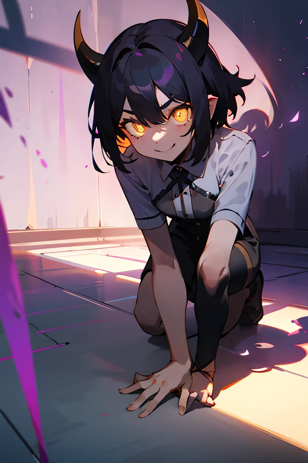 Female, Short Dark hair, Yellow eyes, Sharp pupils, Shining eyes, shadows, hidden in the shadows, purple glow, Evil smile, shadow horns