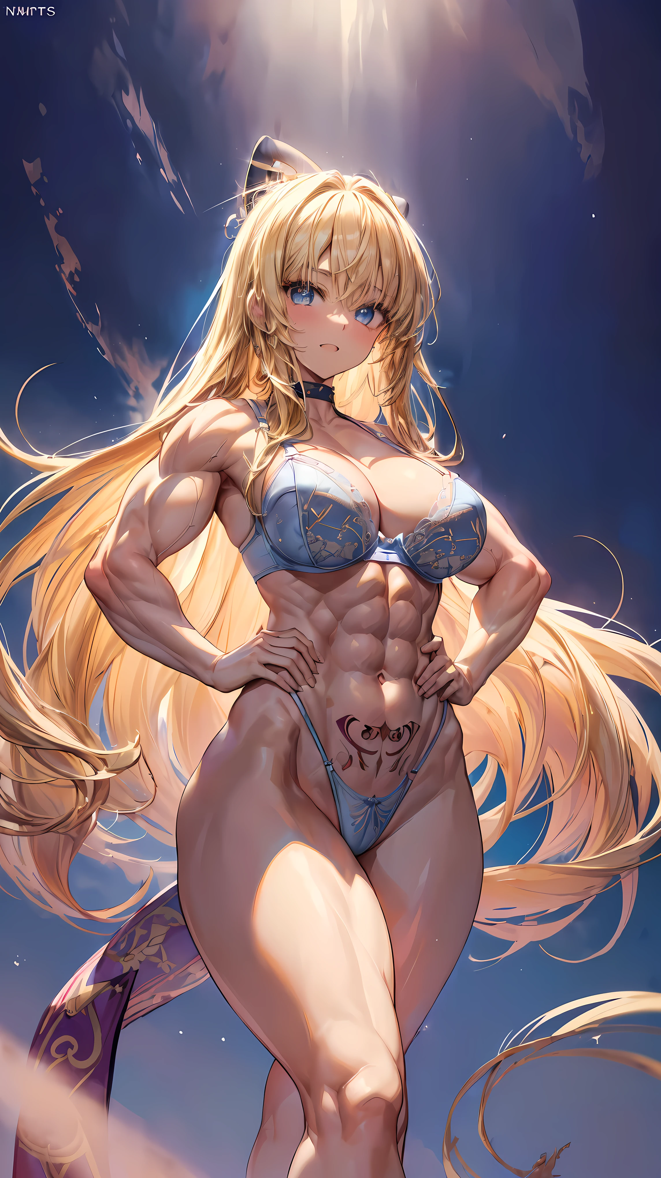 Very detailed、highest quality、Best image quality、masterpiece、8k、Anime Face、A kind smile、(Open your mouth:1.3)、Sparkling blue eyes、(Blonde semi-long hair:1.5)、(Muscles of the whole body:1.3)、(highleg:2.0)、Thigh belt、(Cowboy Shot:1.5)、(SFW Giant)、(Thick body:1.2)、(bra:1.5)、(sxspnts)、(Hands on hips:1.1)